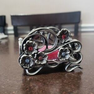 PartyLite Jewels Square Metal Flowers Pink & Blue Rhinestones Votive Holder.